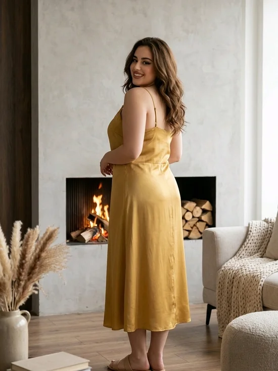 Aritzia Wilfred Satin Slip Midi Dress | Gold Mustard | Size 10 - Picture 2 of 9